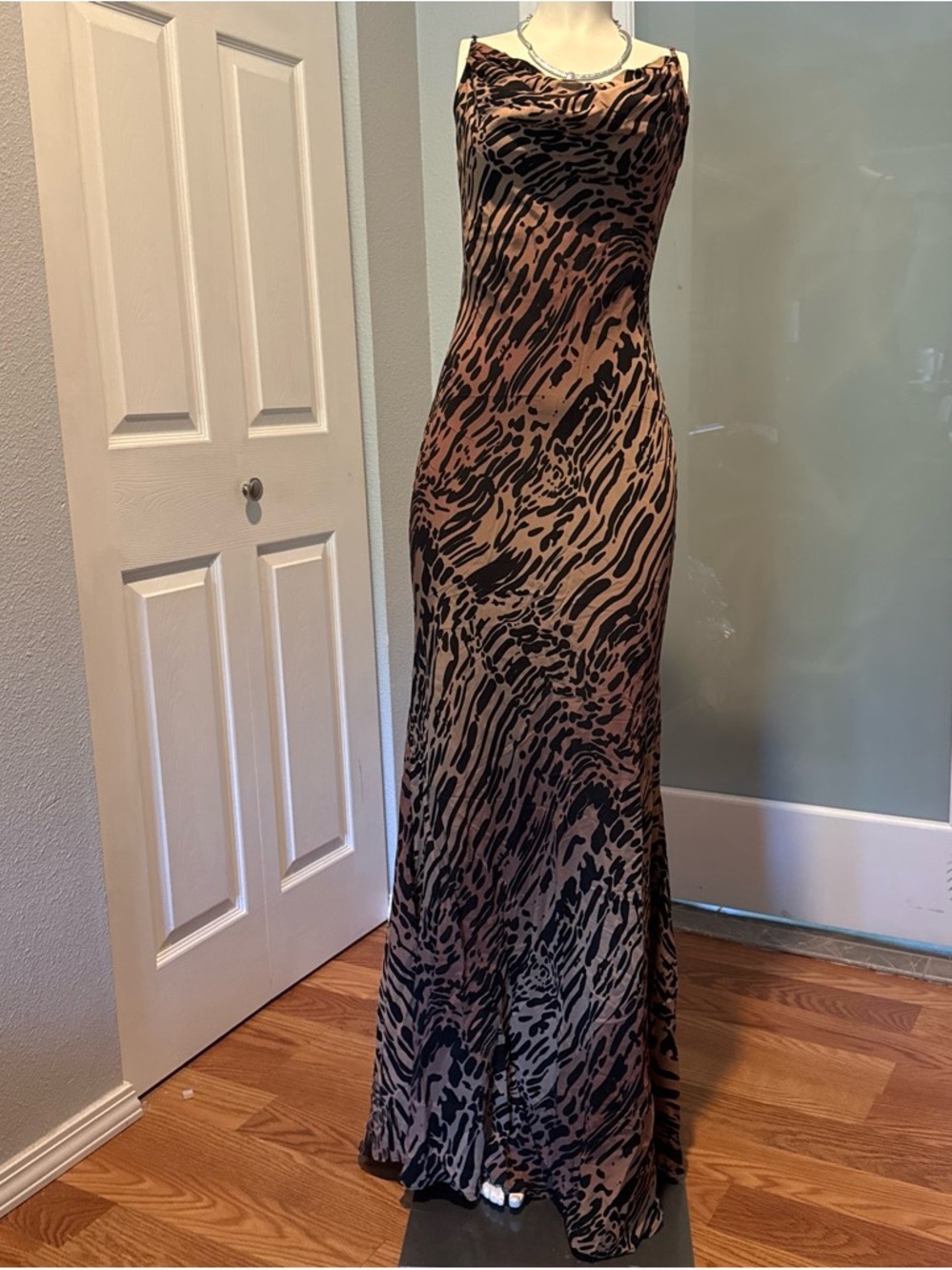Good American Brown and Black Printed Cowl Neck Maxi Dress